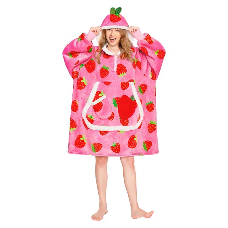 OLAOLA Strawberry Wearable Blanket Hoodie For Adult Oversized Food Onesie Hooded Blanket Soft Warm Cozy Sherpa Fleece Sweatshirt sold by OLAOLA