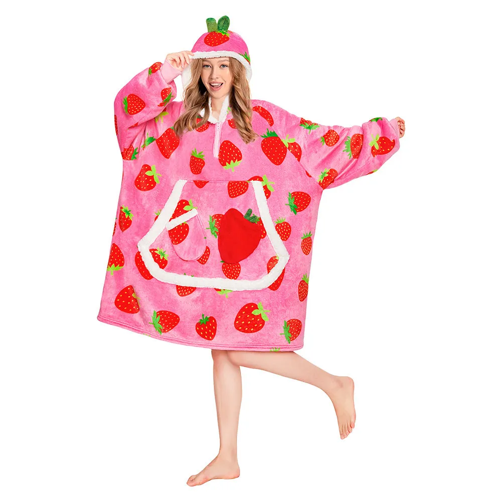 OLAOLA Strawberry Wearable Blanket Hoodie For Adult Oversized Food Onesie Hooded Blanket Soft Warm Cozy Sherpa Fleece Sweatshirt sold by OLAOLA product image thumbnail 3