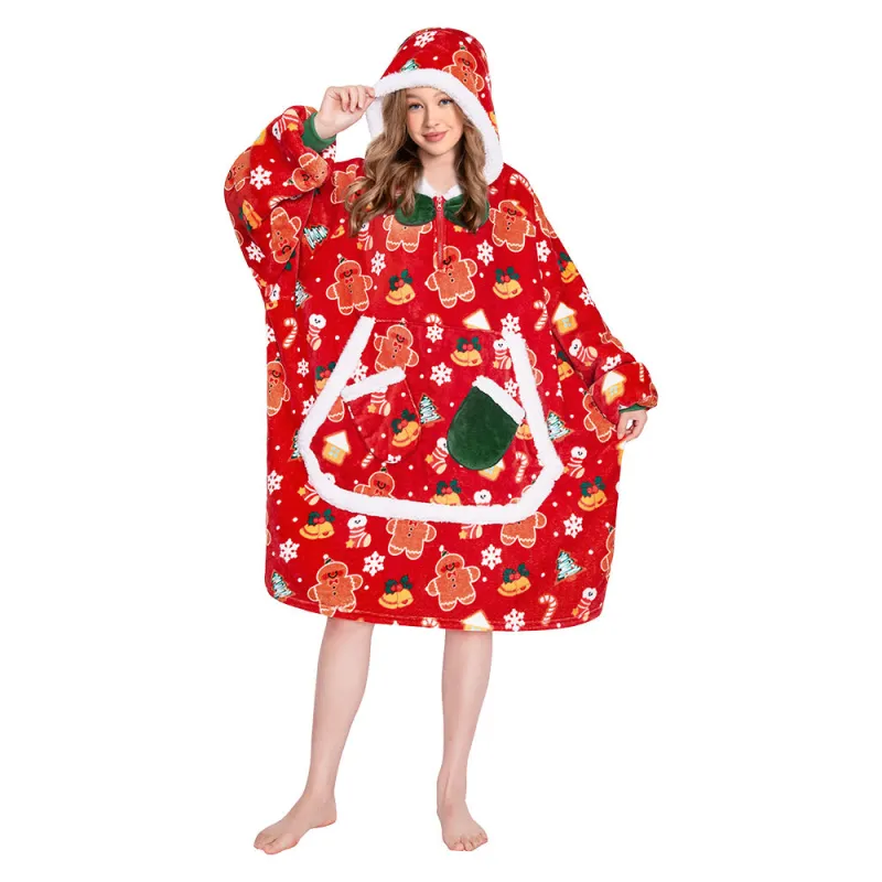 OLAOLA Christmas Gingerbread Man Red Wearable Blanket Hoodie Animals Onesie Oversized Soft Homewear For Adult sold by OLAOLA