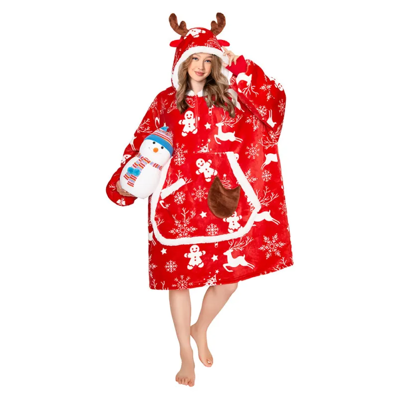 OLAOLA Red Christmas Elk Gingerbread Man Wearable Blanket Hoodie Animals Onesie Oversized Soft Homewear For Adult sold by OLAOLA