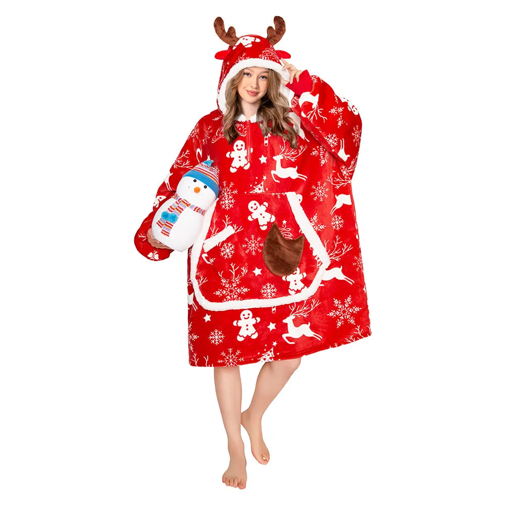 OLAOLA Red Christmas Elk Gingerbread Man Wearable Blanket Hoodie Animals Onesie Oversized Soft Homewear For Adult sold by OLAOLA