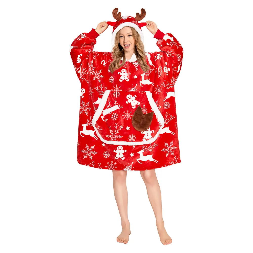 OLAOLA Red Christmas Elk Gingerbread Man Wearable Blanket Hoodie Animals Onesie Oversized Soft Homewear For Adult sold by OLAOLA product image thumbnail 5