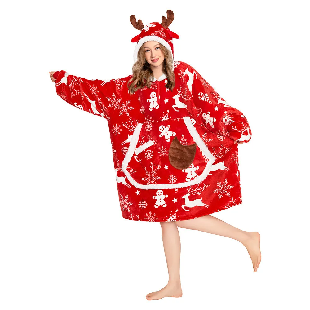 OLAOLA Red Christmas Elk Gingerbread Man Wearable Blanket Hoodie Animals Onesie Oversized Soft Homewear For Adult sold by OLAOLA product image thumbnail 4
