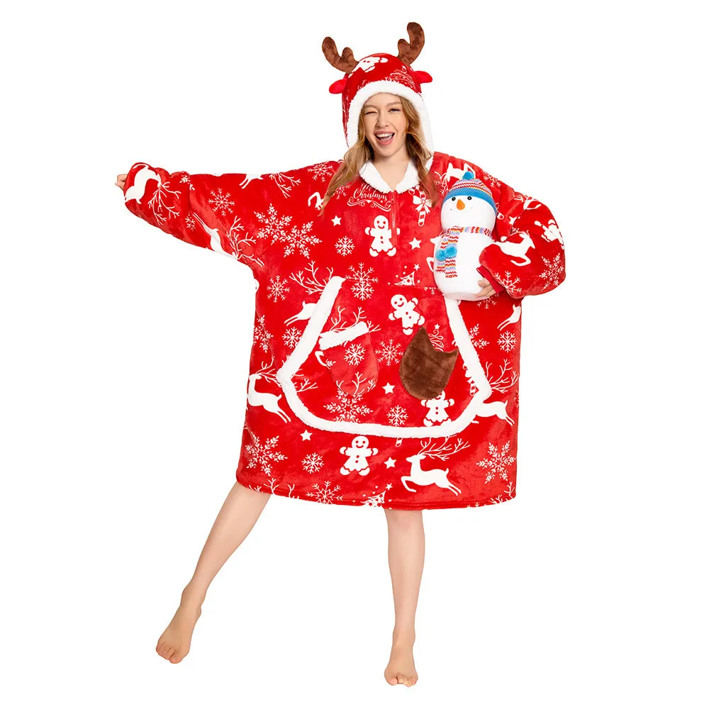 OLAOLA Red Christmas Elk Gingerbread Man Wearable Blanket Hoodie Animals Onesie Oversized Soft Homewear For Adult sold by OLAOLA product image thumbnail 3