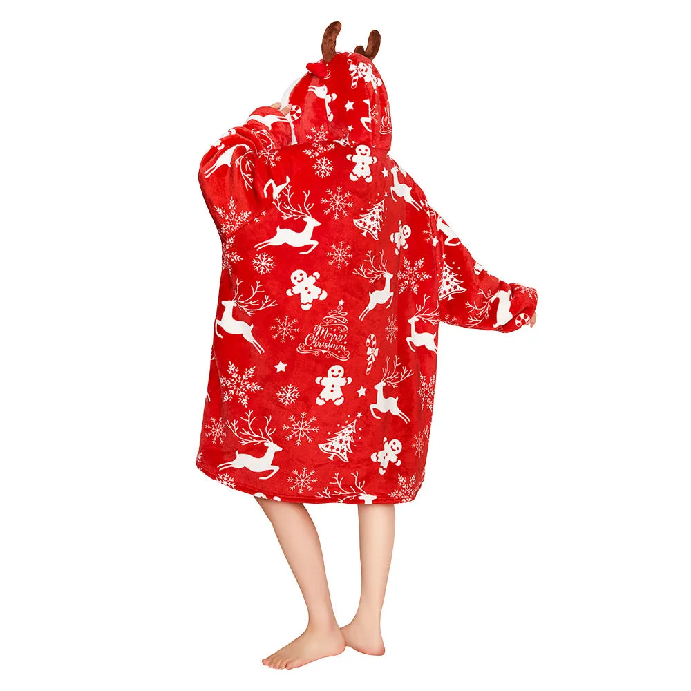 OLAOLA Red Christmas Elk Gingerbread Man Wearable Blanket Hoodie Animals Onesie Oversized Soft Homewear For Adult sold by OLAOLA product image thumbnail 2