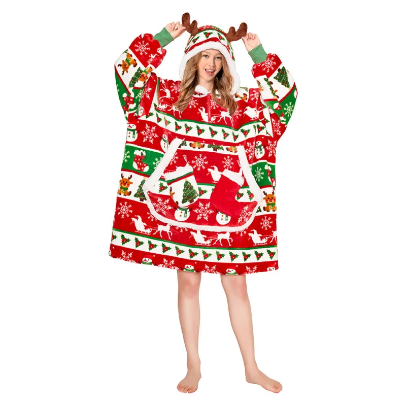 OLAOLA Christmas Tree Snowman Elk Red Wearable Blanket Hoodie Animals Onesie Oversized Soft Homewear For Adult sold by OLAOLA