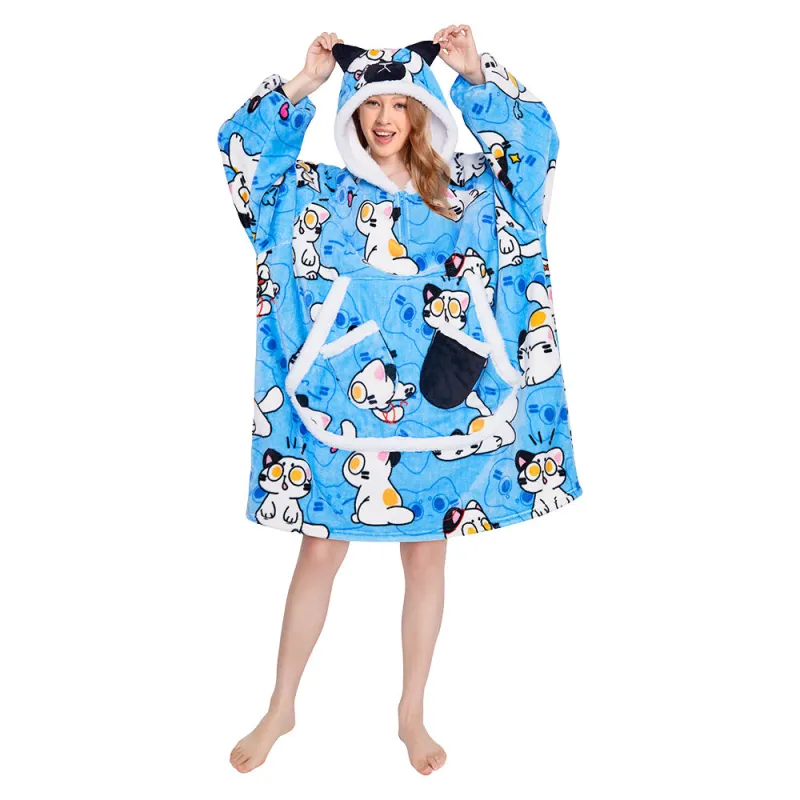 OLAOLA Blue Cat Wearable Blanket Hoodie Animals Onesie Oversized Soft Homewear With Giant Pocket For Adult sold by OLAOLA