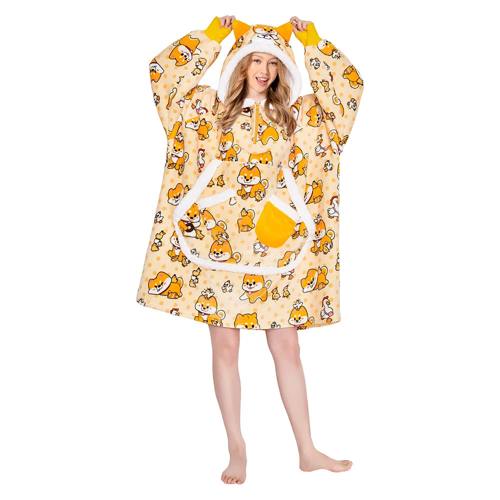 OLAOLA Yellow Dog Wearable Blanket Hoodie Shiba Inu Animals Onesie Oversized Soft Homewear With Giant Pocket For Adult sold by OLAOLA