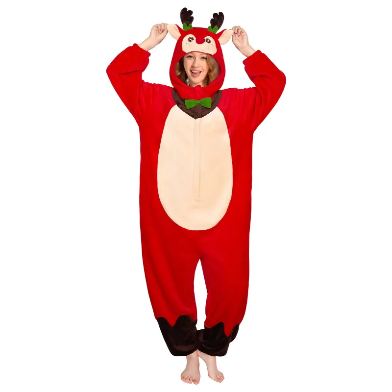 OLAOLA Red Reindeer Pajamas Unisex Plush Deer Animals Onesie For Adult Warm Home One-Piece Sleepwear Christmas Costume sold by OLAOLA