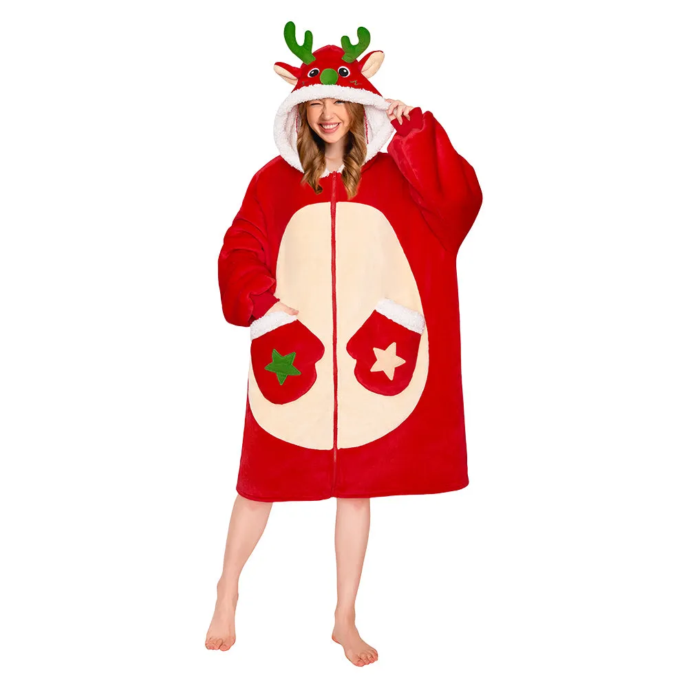 OLAOLA Red Reindeer Christmas Deer Fluffy Wearable Blanket Hoodie With Zipper Oversized Fleece Sherpa Sleepwear sold by OLAOLA