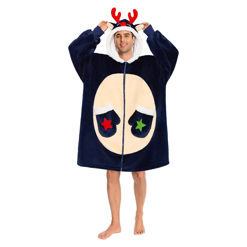 OLAOLA Blue Reindeer Christmas Deer Fluffy Wearable Blanket Hoodie With Zipper Oversized Fleece Sherpa Sleepwear sold by OLAOLA