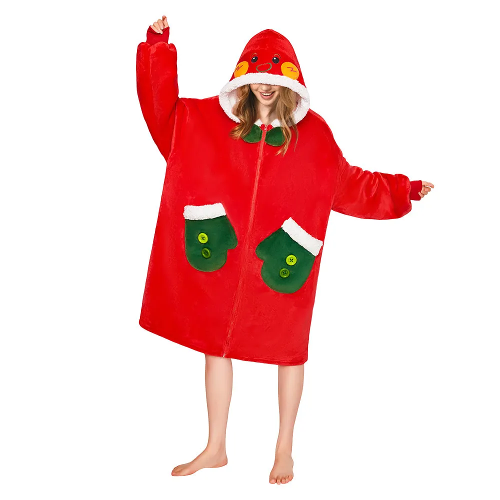OLAOLA Red Gingerbread Man Christmas Wearable Blanket Hoodie With Zipper Oversized Fleece Sherpa Fluffy Hooded Blanket sold by OLAOLA product image thumbnail 3
