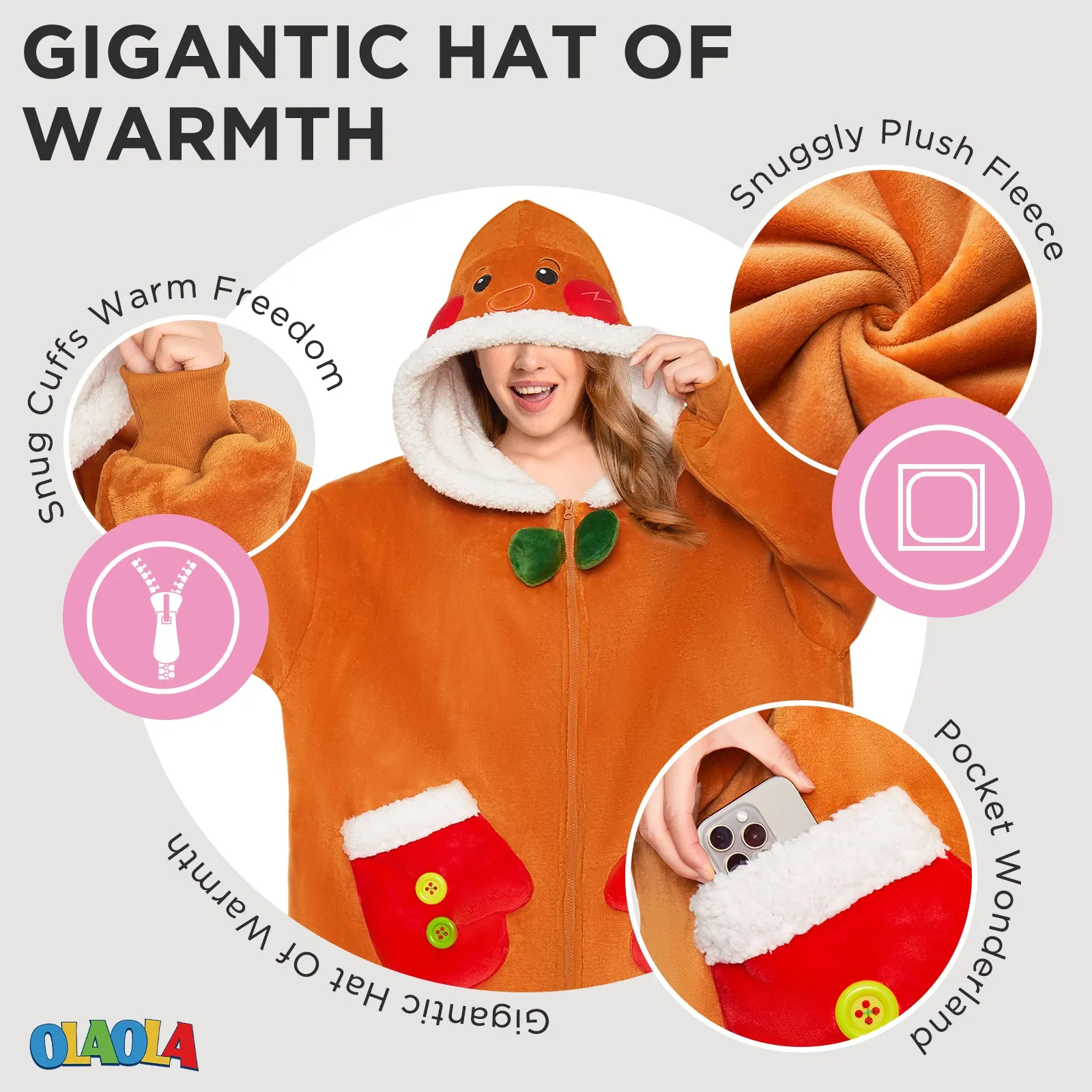 OLAOLA Gingerbread Man Christmas Wearable Blanket Hoodie With Zipper Oversized Fleece Sherpa Fluffy Hooded Blanket sold by OLAOLA product image thumbnail 5
