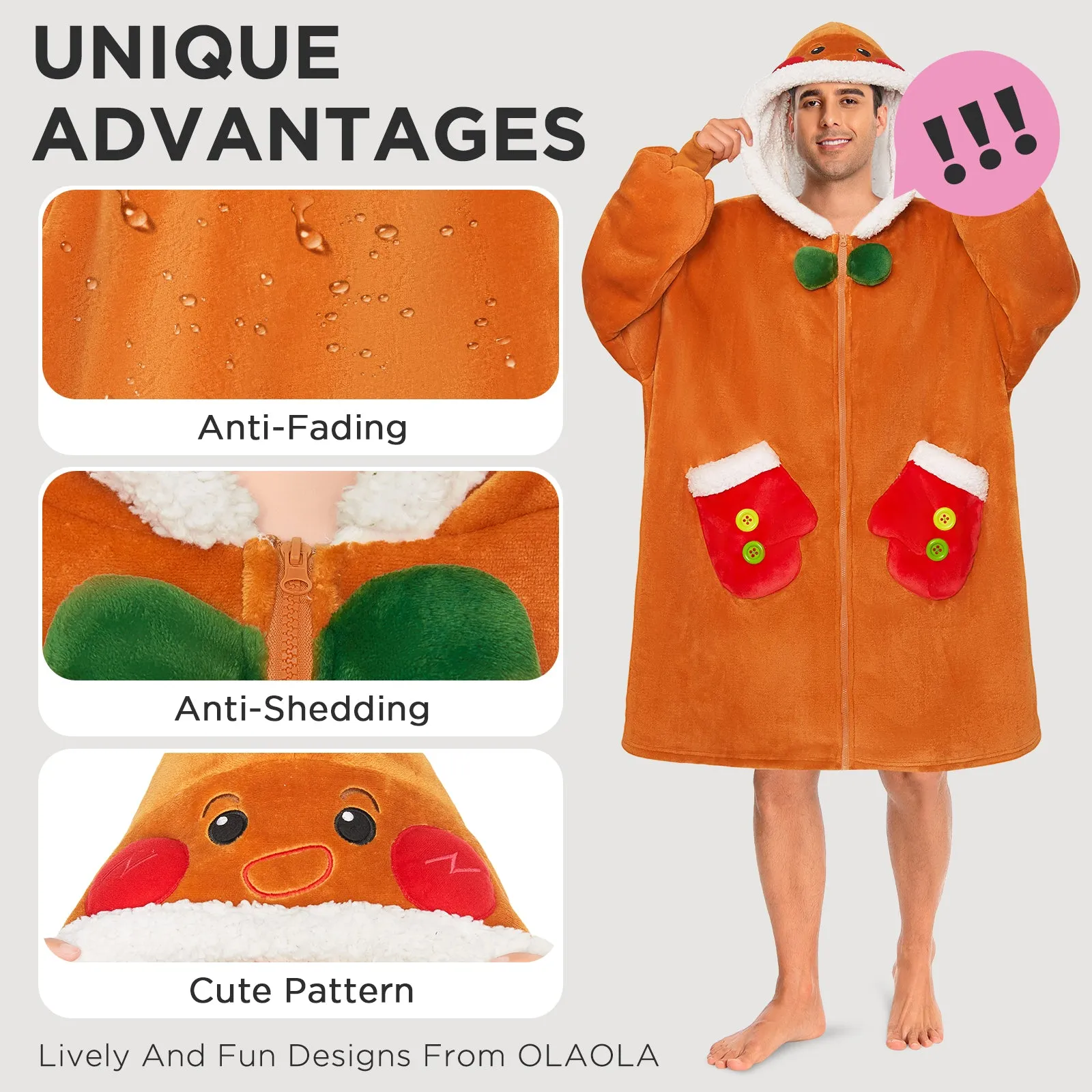 OLAOLA Gingerbread Man Christmas Wearable Blanket Hoodie With Zipper Oversized Fleece Sherpa Fluffy Hooded Blanket sold by OLAOLA product image thumbnail 3