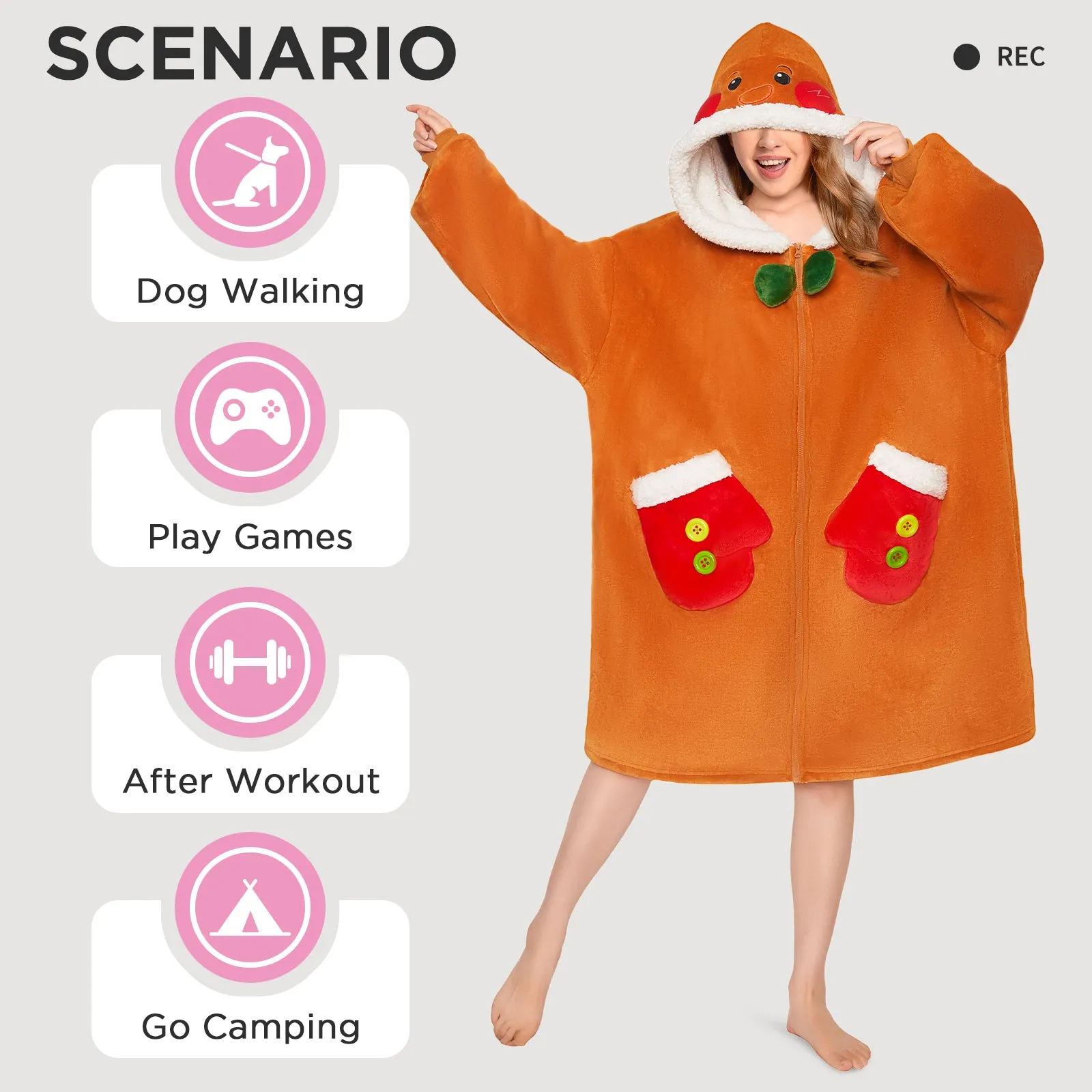 OLAOLA Gingerbread Man Christmas Wearable Blanket Hoodie With Zipper Oversized Fleece Sherpa Fluffy Hooded Blanket sold by OLAOLA product image thumbnail 4