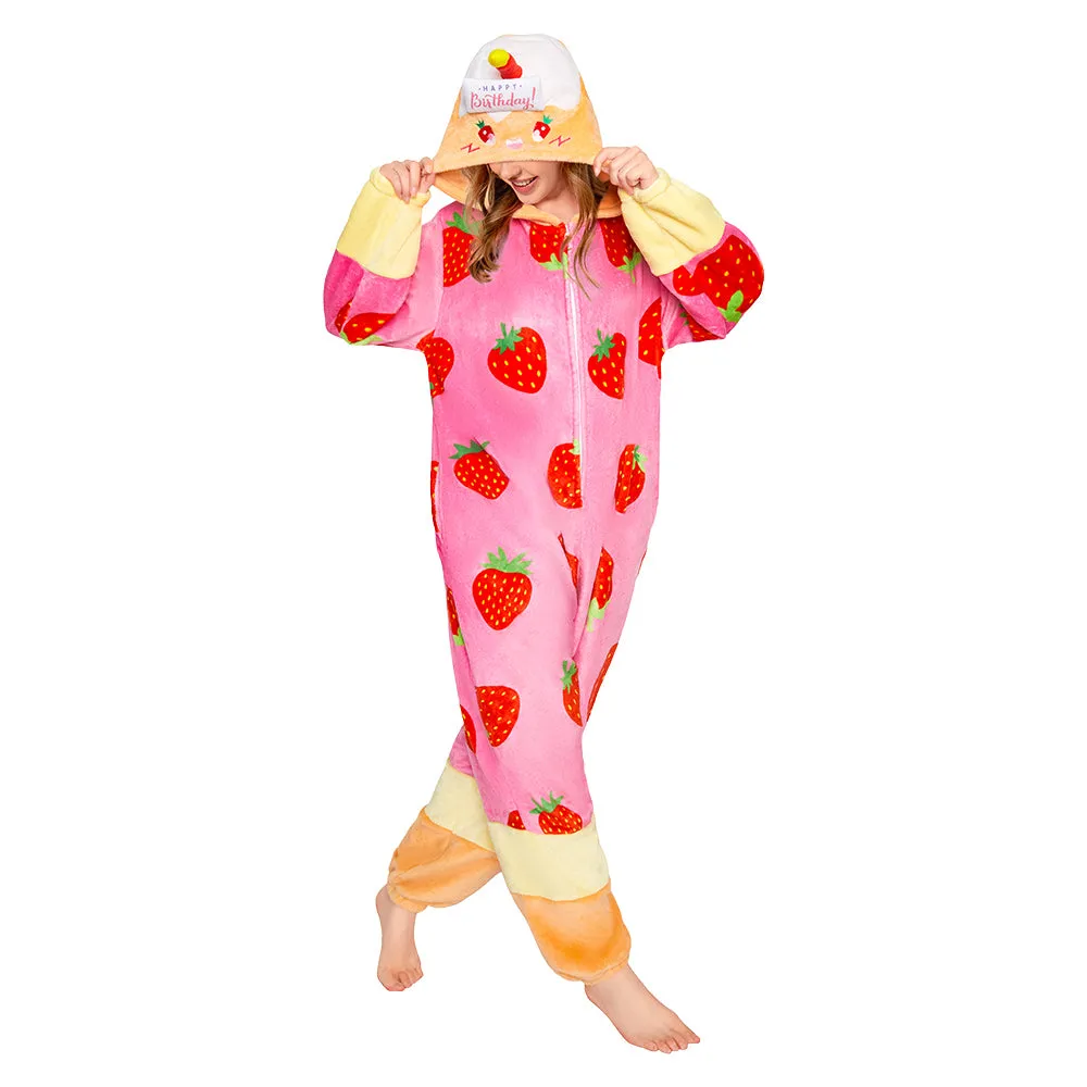 OLAOLA Strawberry Cake Pajamas Food Onesie Plush Warm Home One Piece For Adult Unisex Halloween Costume sold by OLAOLA product image thumbnail 4