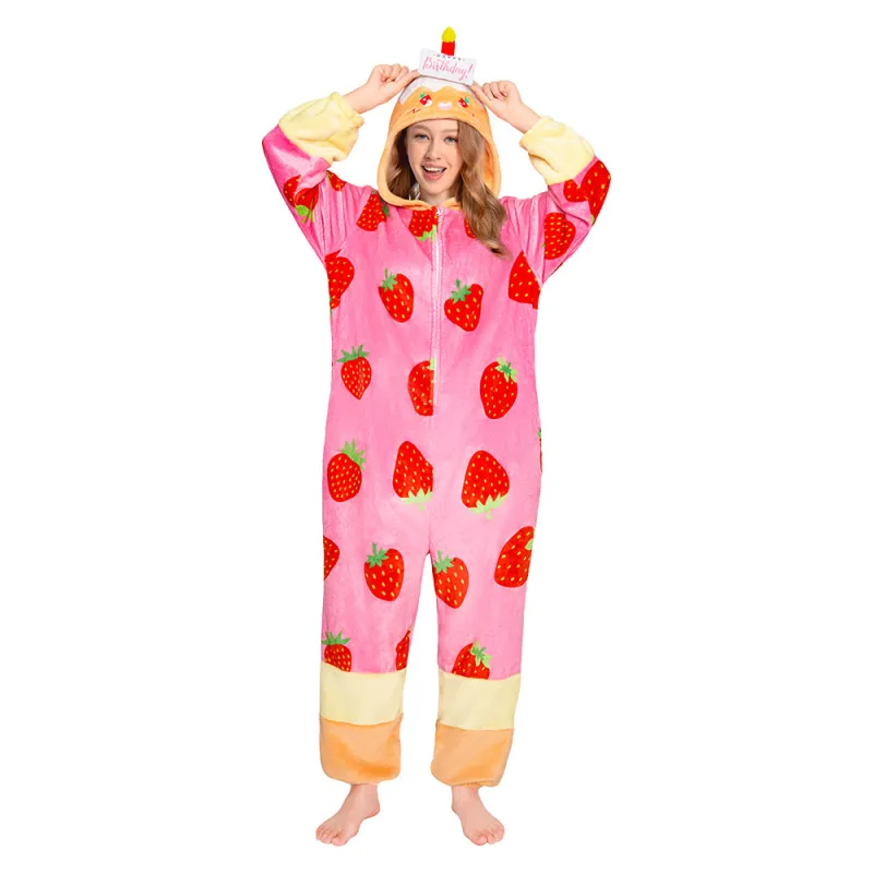 OLAOLA Strawberry Cake Pajamas Food Onesie Plush Warm Home One Piece For Adult Unisex Halloween Costume sold by OLAOLA