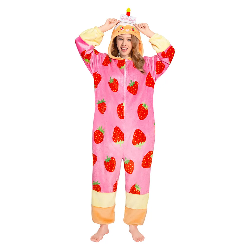 OLAOLA Strawberry Cake Pajamas Food Onesie Plush Warm Home One Piece For Adult Unisex Halloween Costume sold by OLAOLA