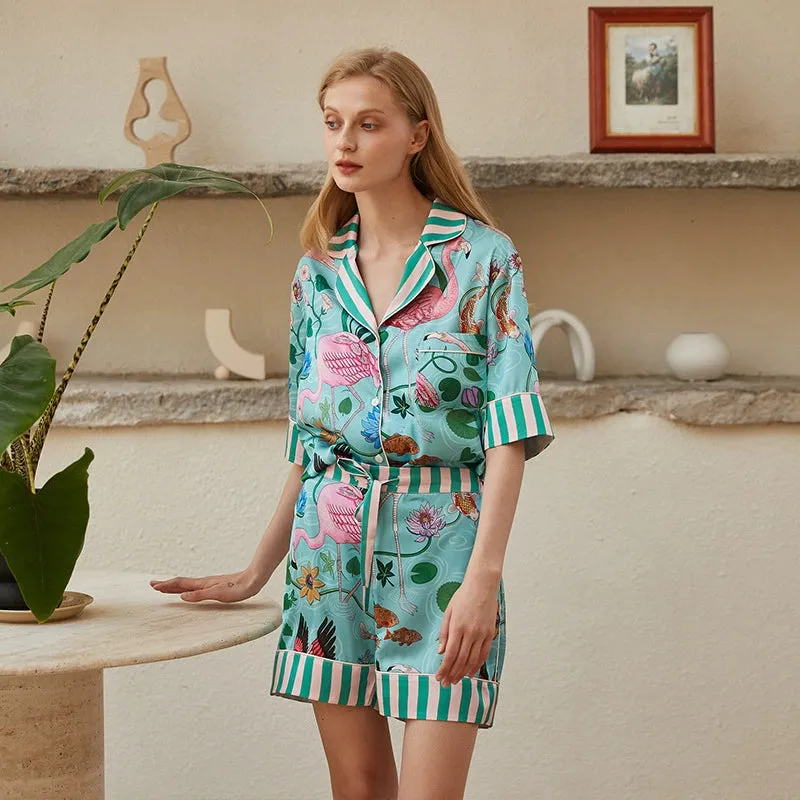 Blue Flamingo Silk Pajamas For Women Animal Loungewear Short Sleeve 2 Piece Set Sleepwear Pajamas Christmas Gift sold by OLAOLA product image thumbnail 5