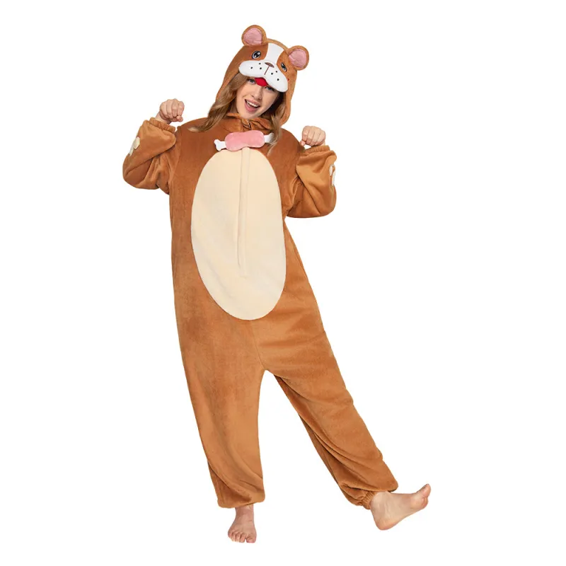 OLAOLA Adult Brown Bulldog Dog Pajamas Soft Animal Onesie Unisex Cozy 3D Hooded Jumpsuit Halloween Christmas Costume made by OLAOLA