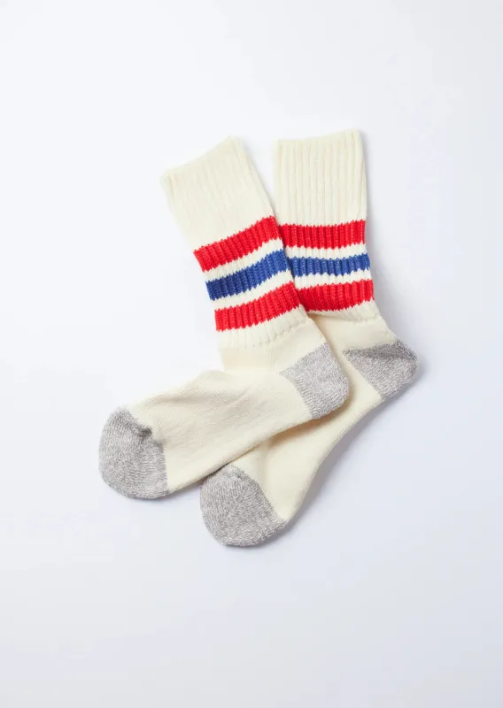 Rototo Organic Coarse Ribbed Oldschool Crew Socks - Chilli Red/Blue [R1255] sold by Private & Co.