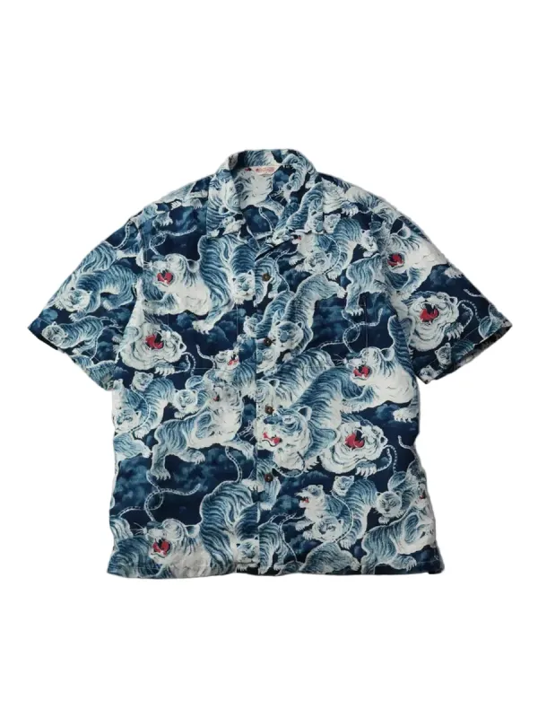 The Flat Head - Linen Short-Sleeve Hundred Tigers Shirt [FN-SCR-017S] made by Private & Co.