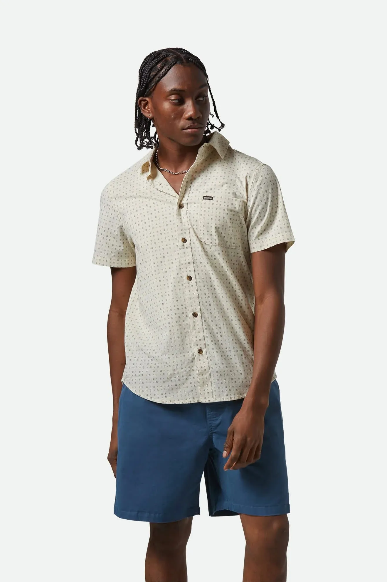 Brixton Men's Charter Print S/S Woven - Off White Micro Floral - 01218 sold by Railcar
