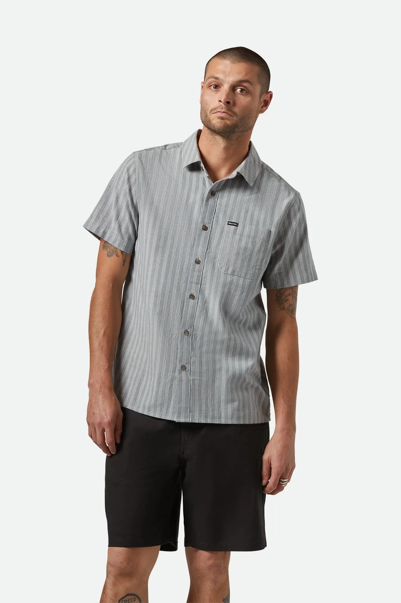 Brixton Men's Cru Oxford Strip S/S - Basalt Blue/Whitecap Stripe 01442 sold by Railcar product image thumbnail 2