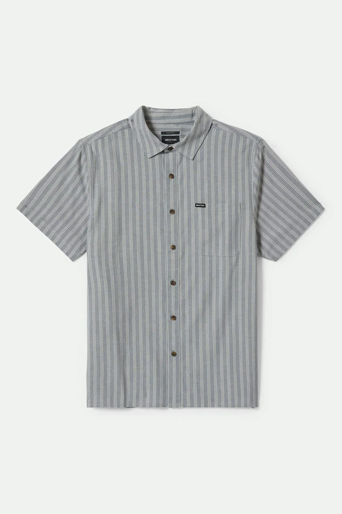 Brixton Men's Cru Oxford Strip S/S - Basalt Blue/Whitecap Stripe 01442 sold by Railcar