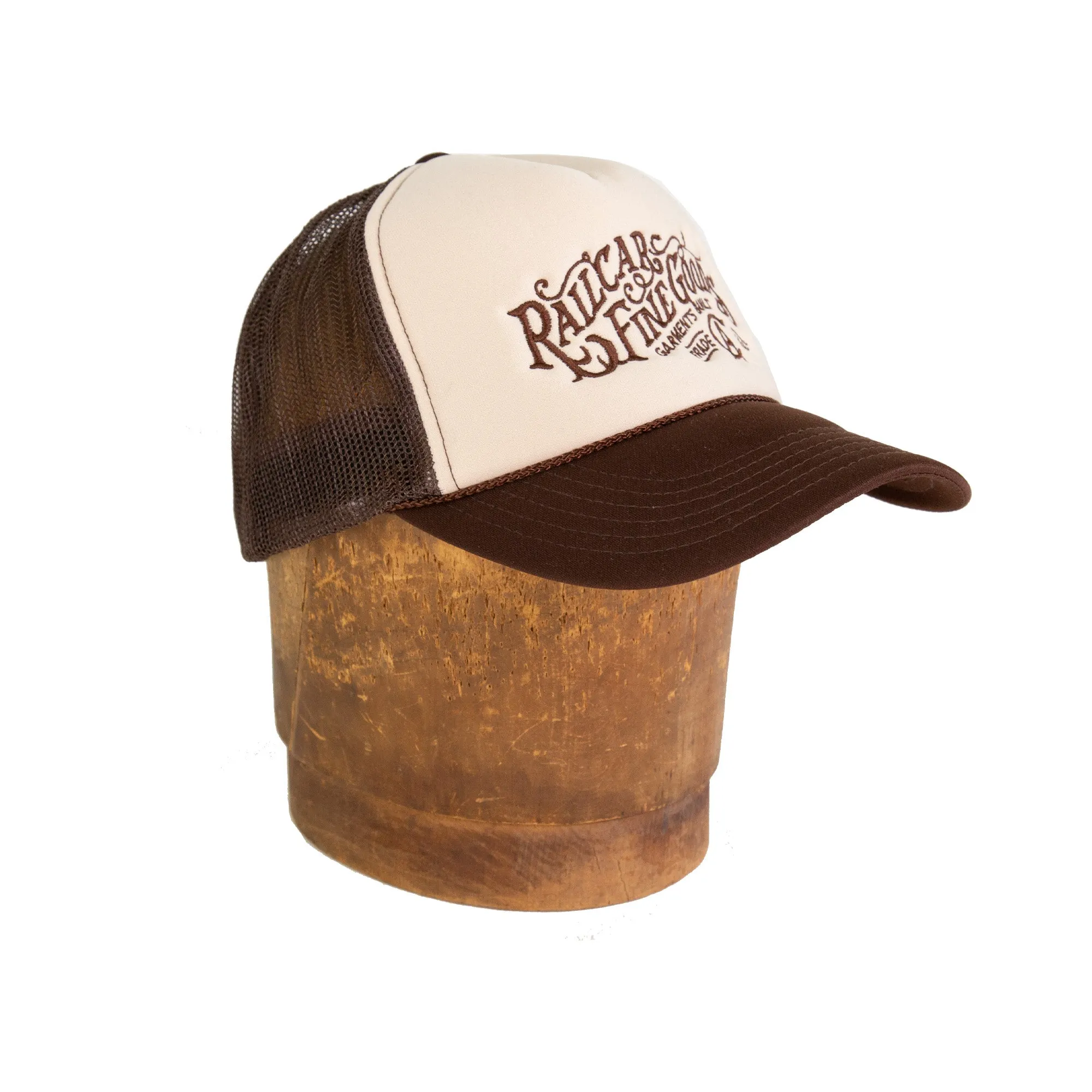 Railcar Typography Trucker Embroidered Tan Brown Hat sold by Railcar