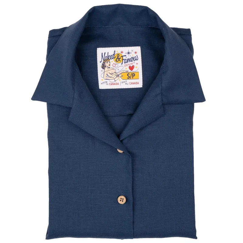 French Linen Fine Canvas - Blue (Women's Camp Collar Shirt) sold by Railcar