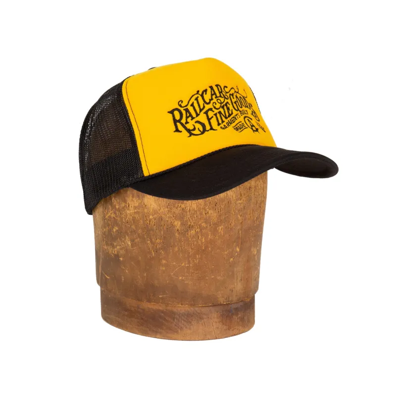 Railcar Typography Trucker Embroidered Yellow Black Hat sold by Railcar