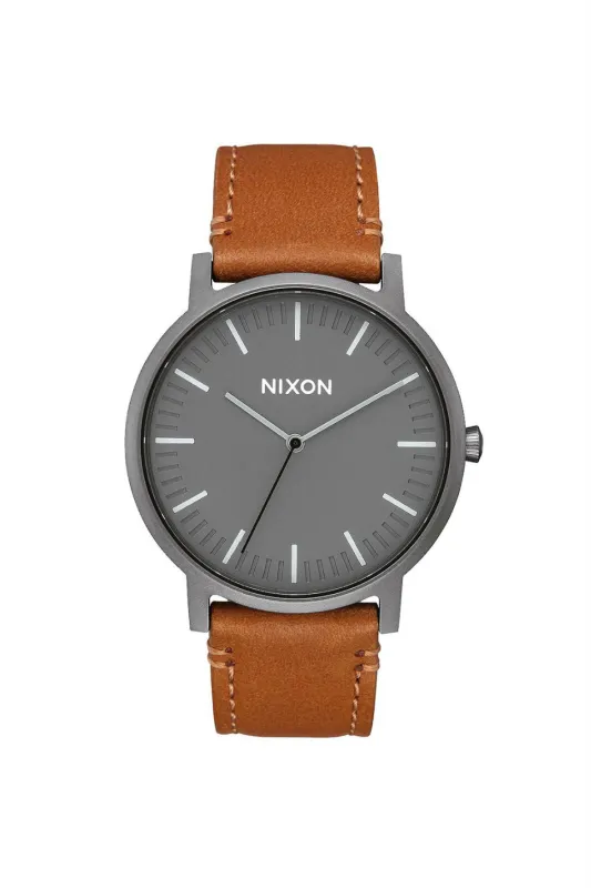 PORTER LEATHER WATCH - GUNMETAL/CHARCOAL/TAUPE made by Nixon