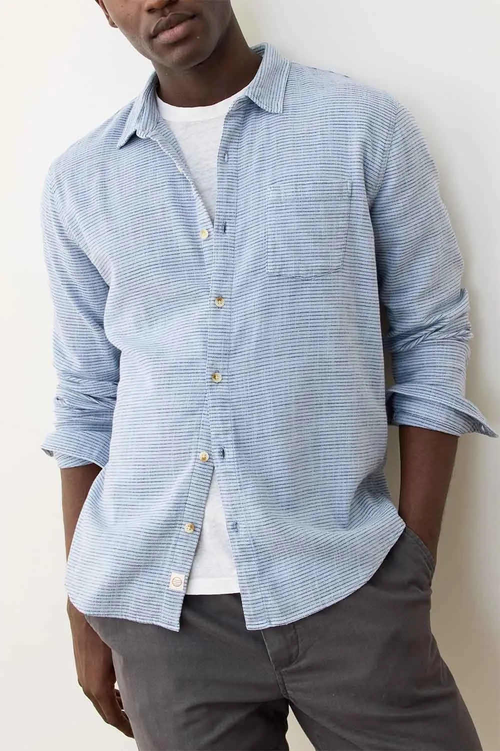 STRETCH SELVAGE SHIRT Chambray/Navy Stripe sold by REVOLVR Menswear product image thumbnail 2
