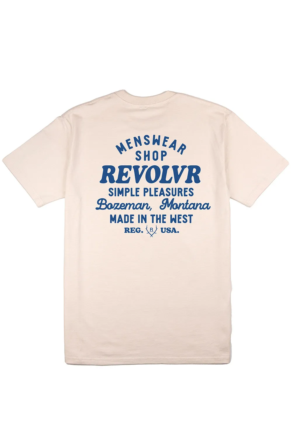 BOZEMAN SHOP TEE Ecru/Blue sold by REVOLVR Menswear