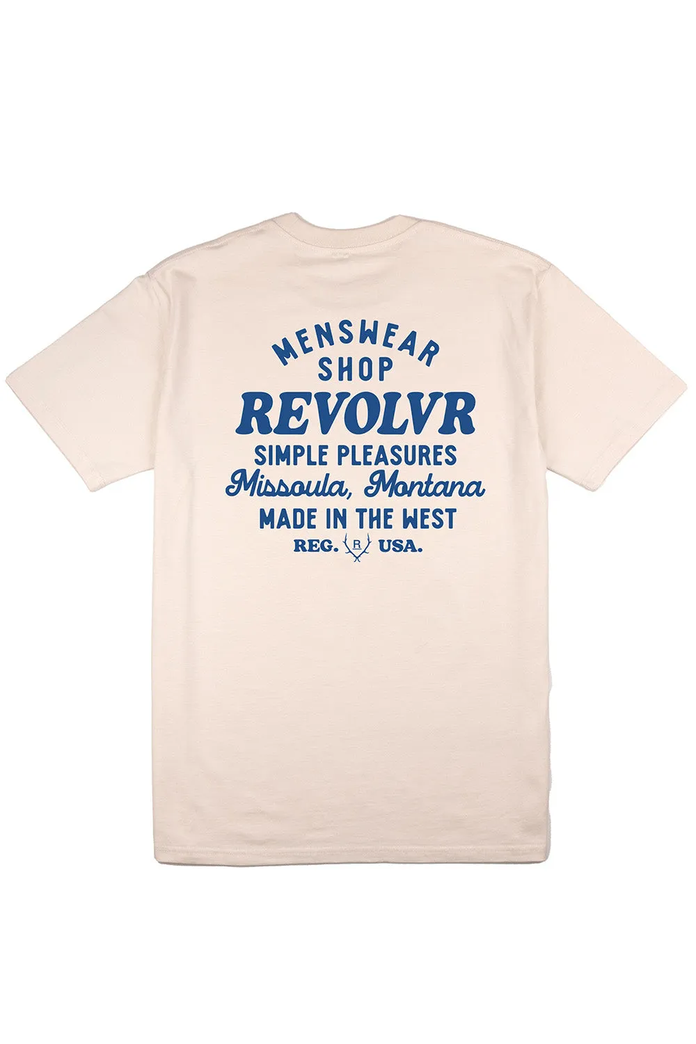 MISSOULA SHOP TEE Ecru/Blue sold by REVOLVR Menswear