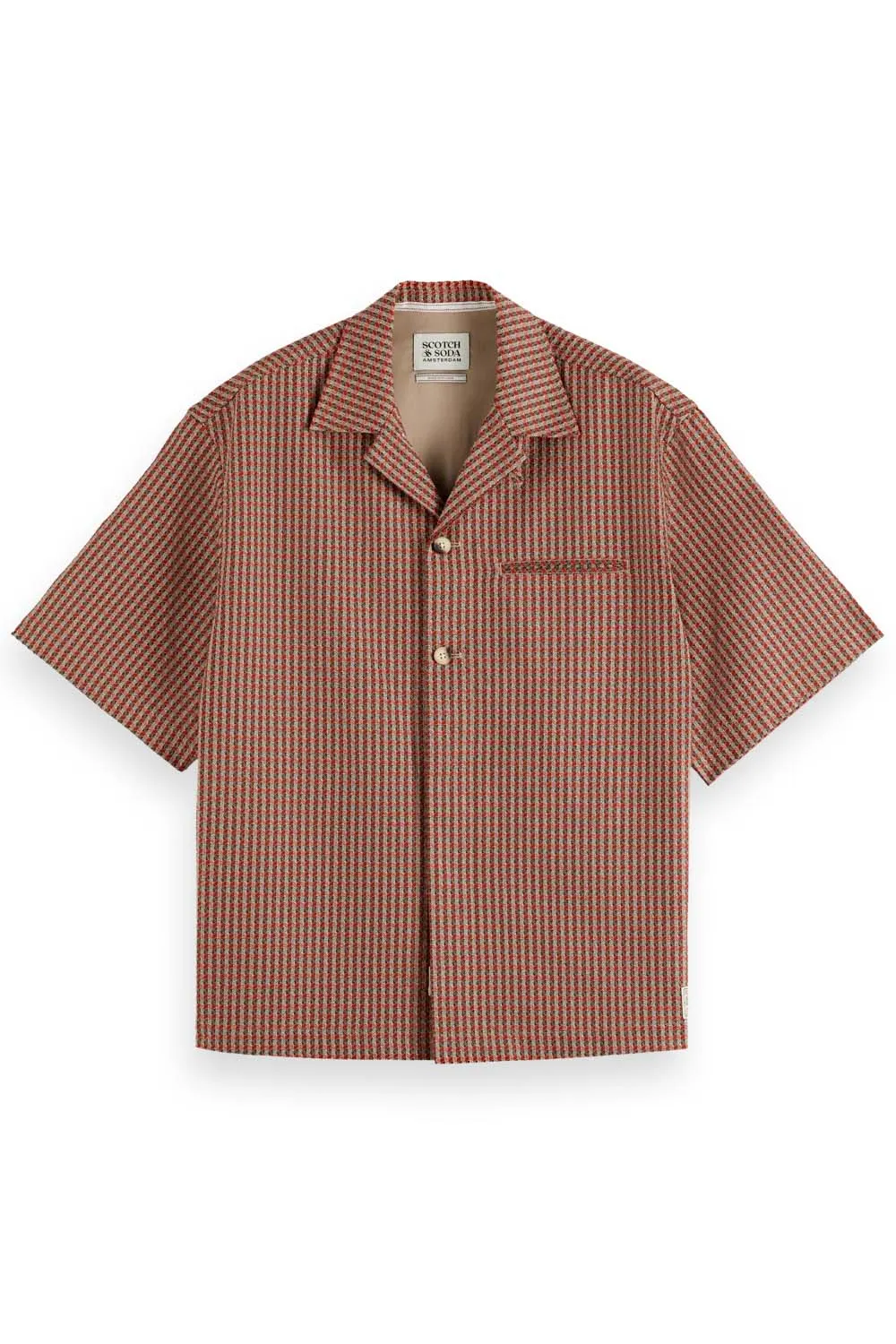 MICRO GEO PRINT SS Aurora Red Check sold by REVOLVR Menswear