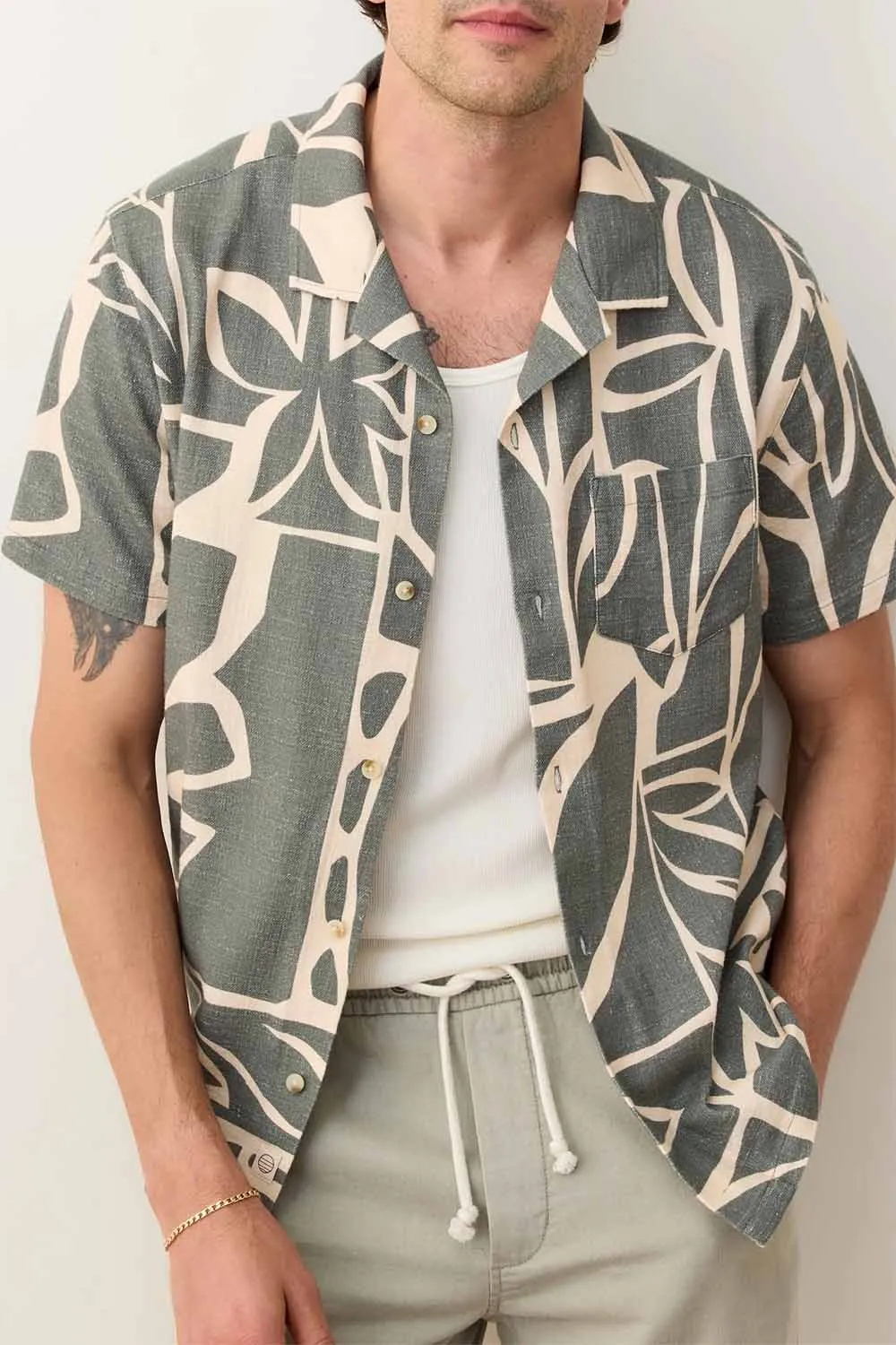 STRETCH SELVAGE RESORT SS Olive Abstract Palm sold by REVOLVR Menswear product image thumbnail 2
