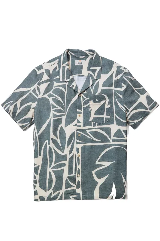 STRETCH SELVAGE RESORT SS Olive Abstract Palm sold by REVOLVR Menswear