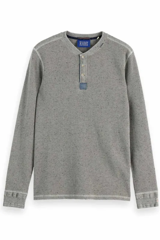 DENIM WASHED LS HENLEY Grey Melange sold by REVOLVR Menswear