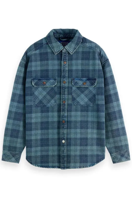 WASHED DENIM CHECK OVERSHIRT Indigo sold by REVOLVR Menswear