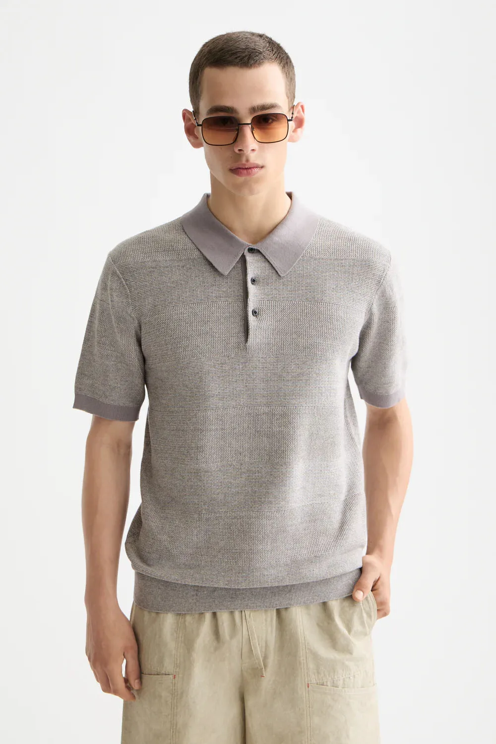 KNITTED STRIPE POLO Grey Melange sold by REVOLVR Menswear product image thumbnail 2