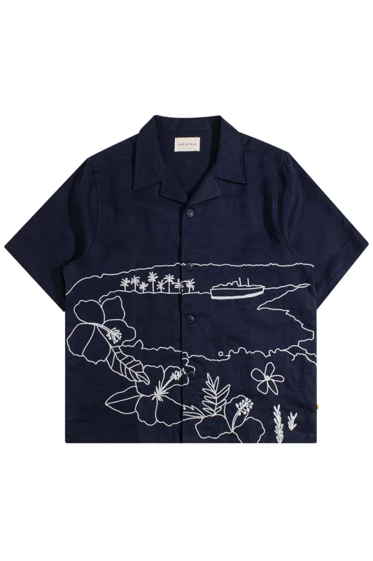 VELOSO SHIRT Navy Embroidered Landscape made by Far Afield