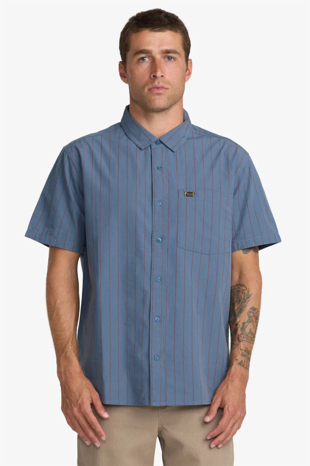 DAYSHIFT WORKWEAR STRIPE SS Vintage Navy sold by REVOLVR Menswear