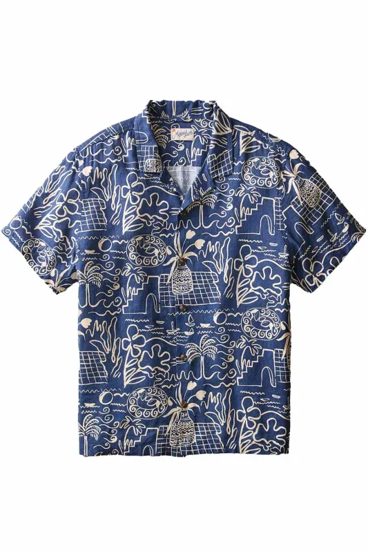 PABLO RESORT SHIRT Navy/White Island Motif made by Marine Layer