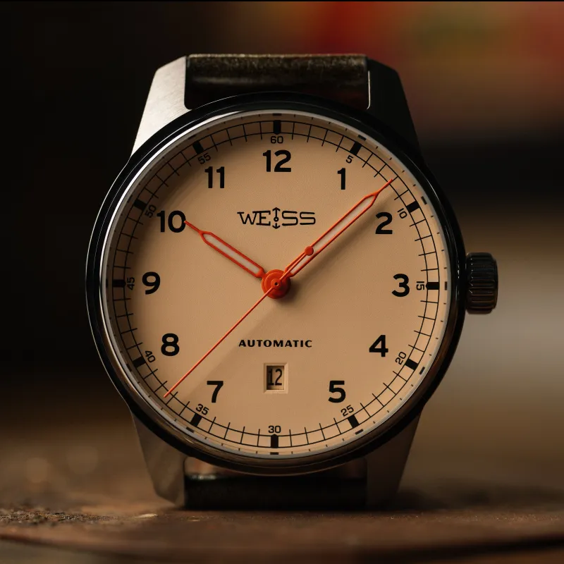 *Limited Edition* 42mm Automatic Standard Issue Field Watch with Date: Signal Orange Hands sold by Weiss Watch Company