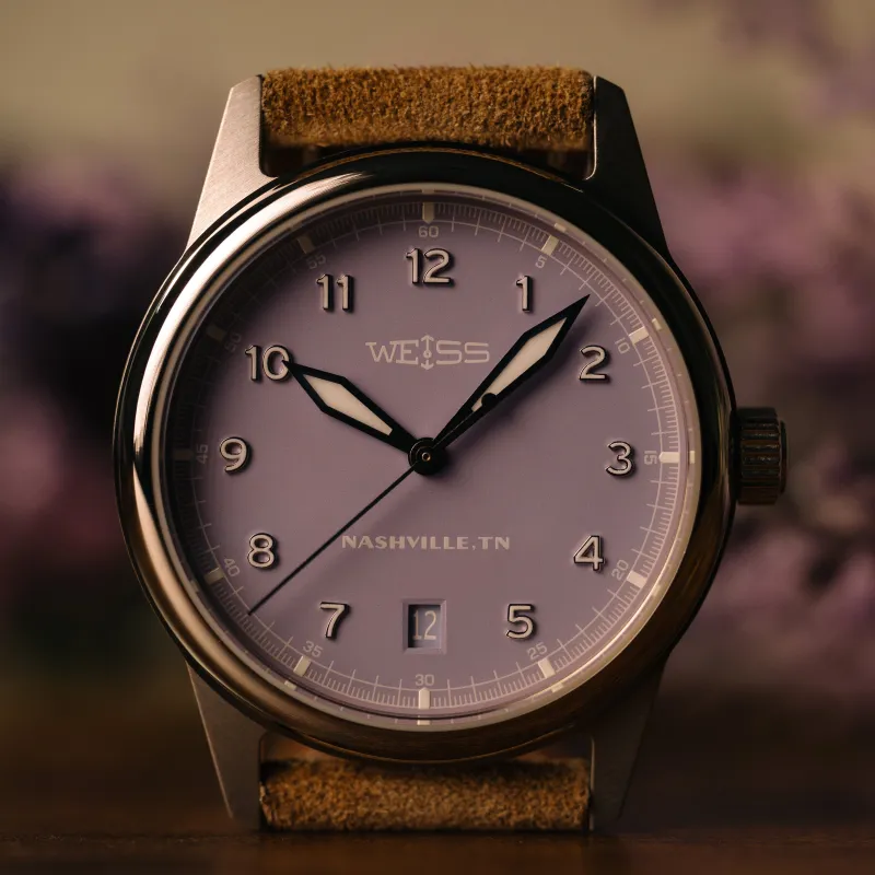 *Limited Edition* 38mm Automatic Standard Issue Field Watch with Date: Lavender Dial sold by Weiss Watch Company
