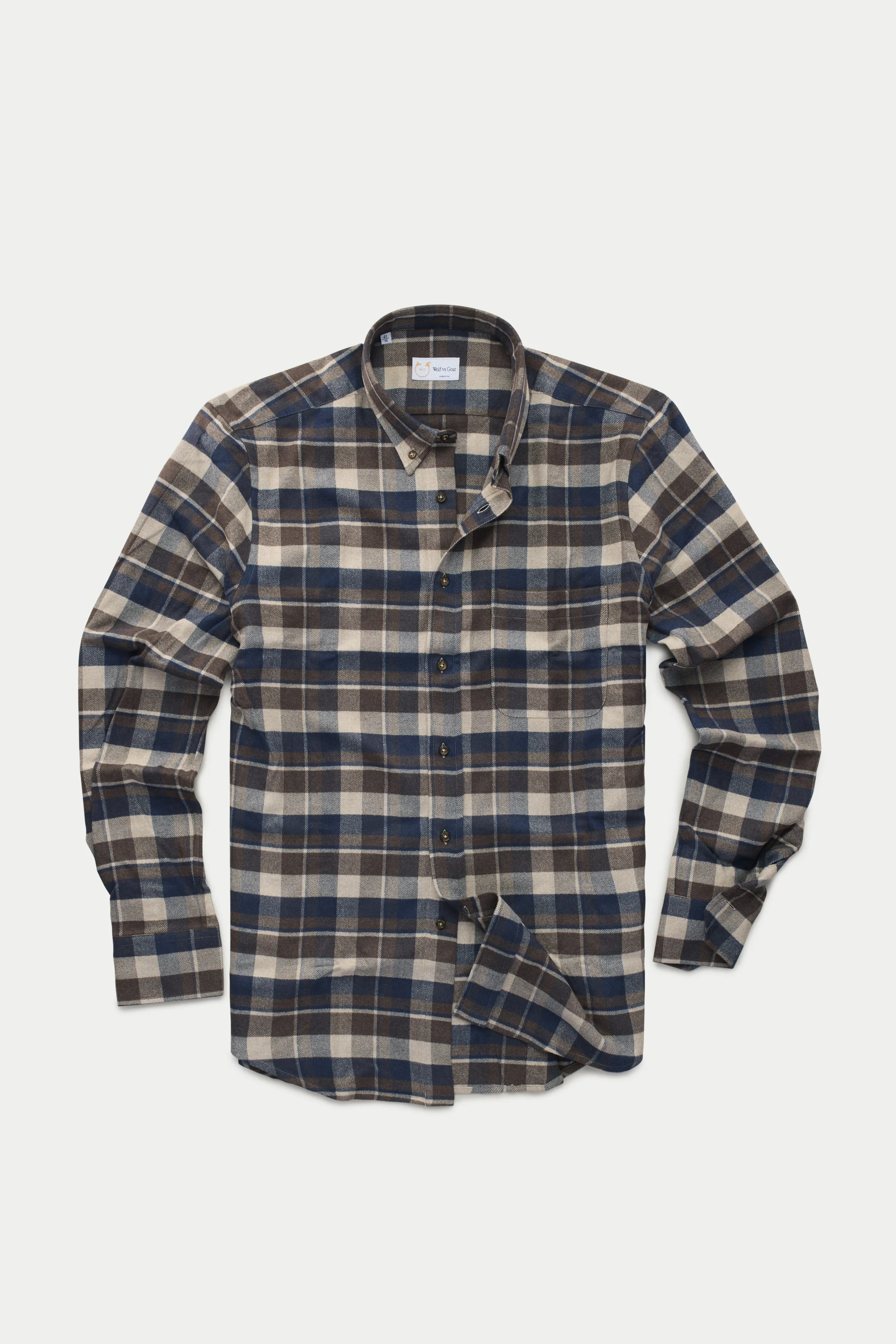 Long Sleeve Regular Button Down Shirt Navy White and Brown Plaid sold by Wolf vs Goat