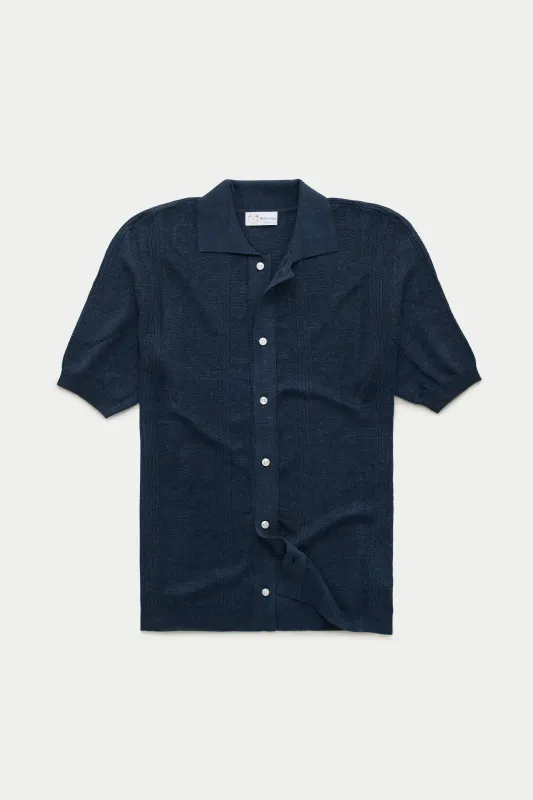 Short Sleeve Linen Cotton Knitted Shirt with Rib Details Navy sold by Wolf vs Goat