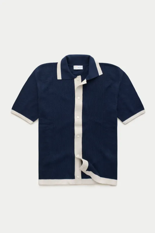 Short Sleeve Knitted Cotton Shirt Navy and Ecru sold by Wolf vs Goat